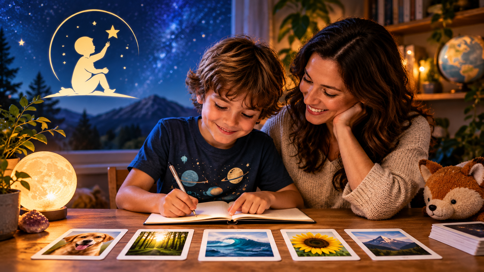 A parent and child writing in a journal at a warm star-lit table with paper target cards, a moon lamp, and the Kids Intuition Lab logo glowing overhead